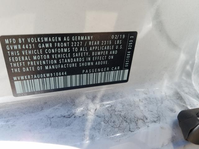 2019 VOLKSWAGEN E-GOLF SE WVWKR7AU0KW910644