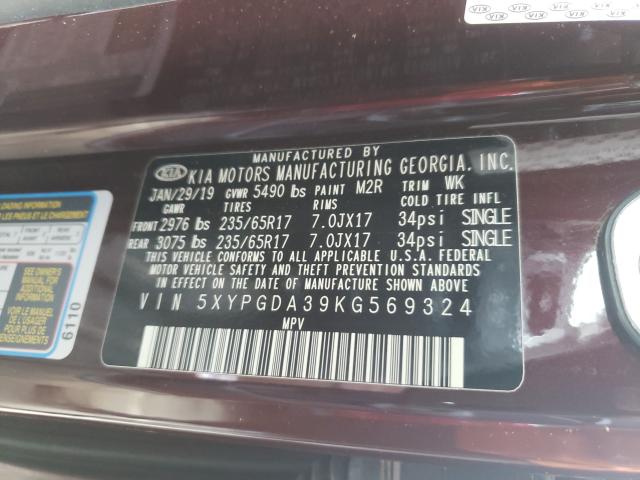 2019 KIA SORENTO 5XYPGDA39KG569324