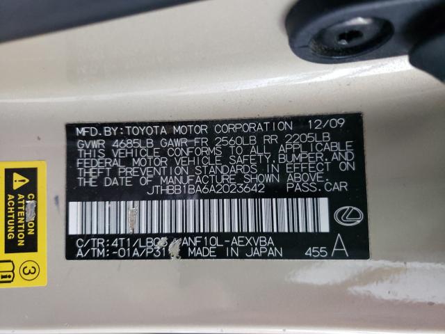 2010 LEXUS HS 250H JTHBB1BA6A2023642