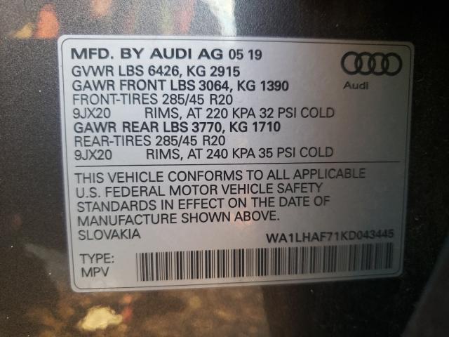 VIN WA1LHAF71KD043445 2019 Audi Q7, Premium Plus no.10