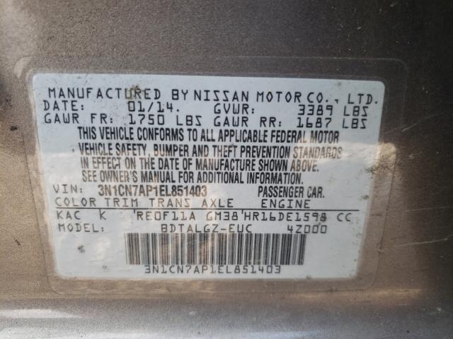 2014 NISSAN VERSA S/SL 3N1CN7AP1EL851403