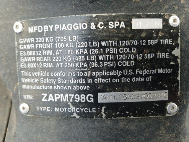2016 PIAGGIO FLY ZAPM798G6G7002340