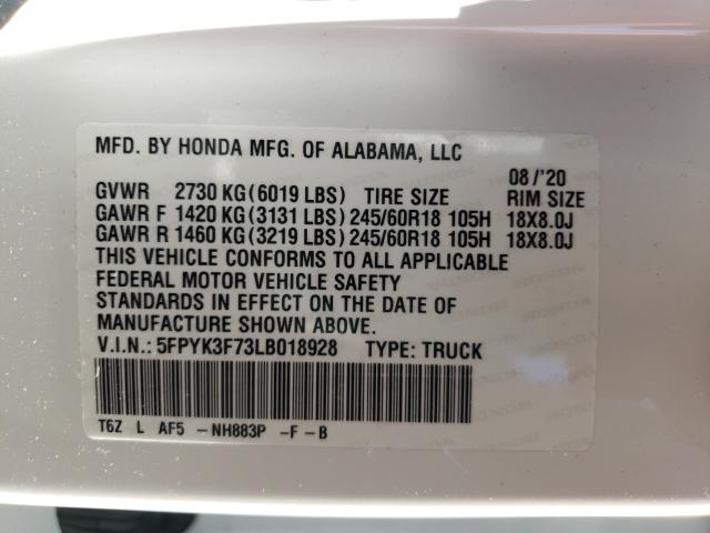 2020 HONDA RIDGELINE 5FPYK3F73LB018928