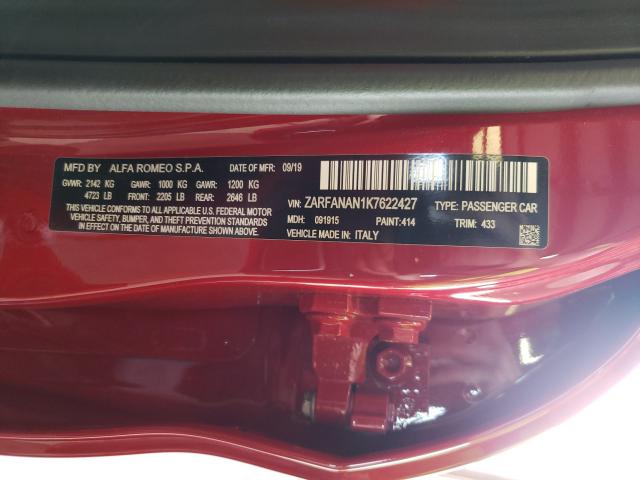 2019 ALFA ROMEO GIULIA ZARFANAN1K7622427