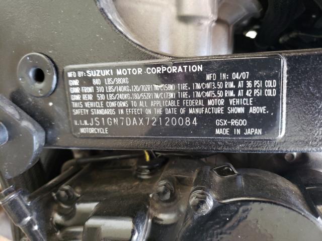 2007 SUZUKI GSX-R600 JS1GN7DAX72120084