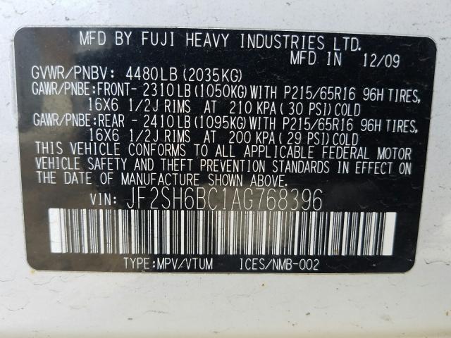 2010 SUBARU FORESTER X JF2SH6BC1AG768396