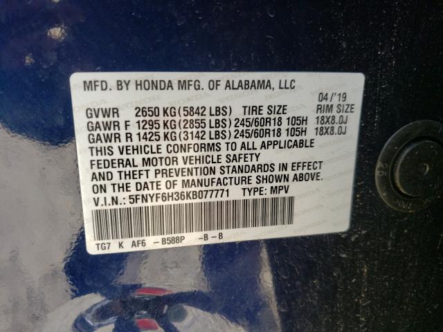 2019 HONDA PILOT EX 5FNYF6H36KB077771