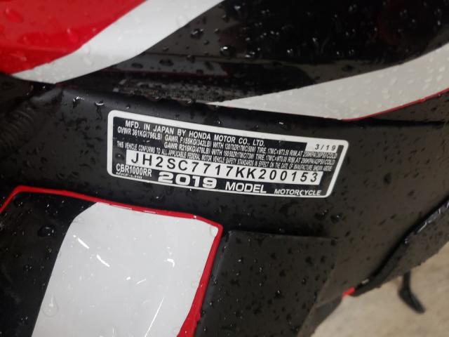 2019 HONDA CBR1000 RR JH2SC7717KK200153