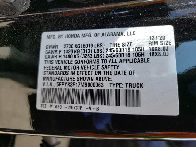 2021 HONDA RIDGELINE 5FPYK3F17MB000963