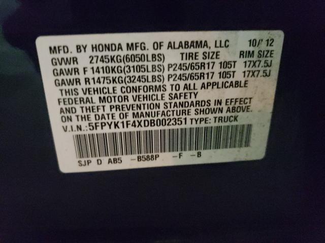 2013 HONDA RIDGELINE 5FPYK1F4XDB002351
