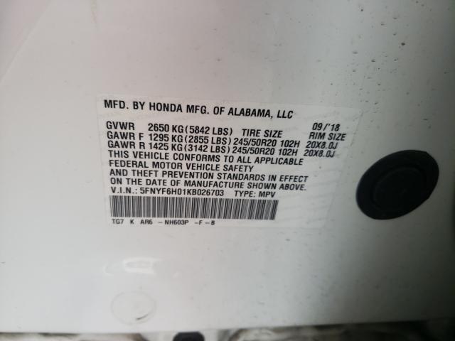 2019 HONDA PILOT ELIT 5FNYF6H01KB026703