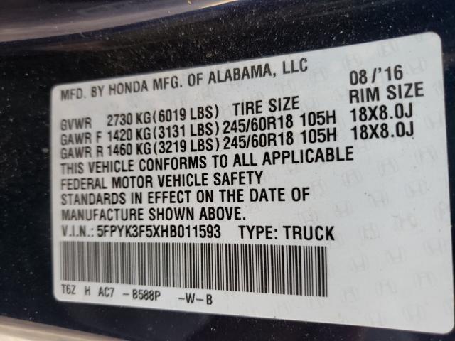 2017 HONDA RIDGELINE 5FPYK3F5XHB011593