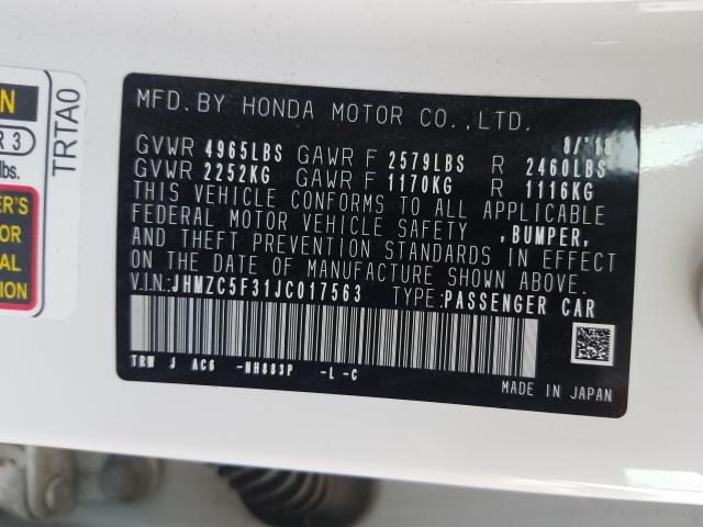 2018 HONDA CLARITY TO JHMZC5F31JC017563