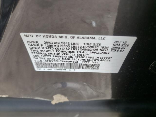 2019 HONDA PILOT ELIT 5FNYF6H07KB094603
