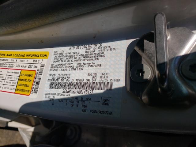 VIN 3FA6P0HD9KR148427 2019 Ford Fusion, SE no.10