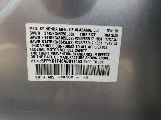 2010 HONDA RIDGELINE 5FPYK1F46AB011463