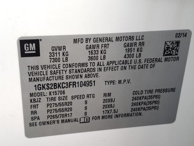 2015 GMC YUKON SLT 1GKS2BKC3FR104951