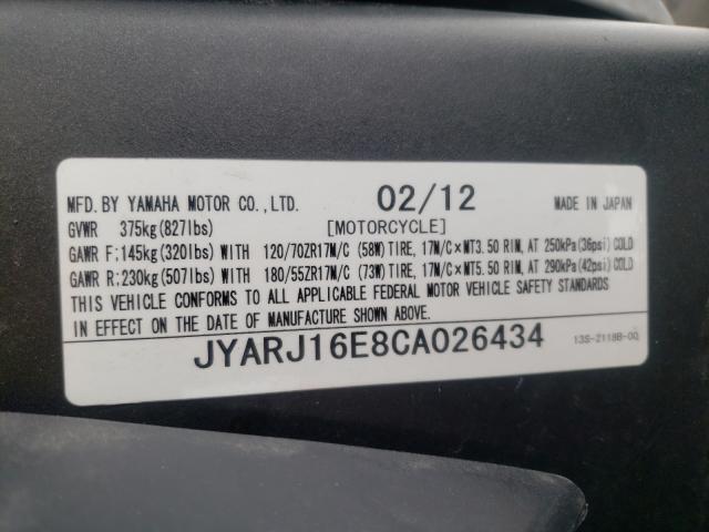 2012 YAMAHA YZFR6 JYARJ16E8CA026434