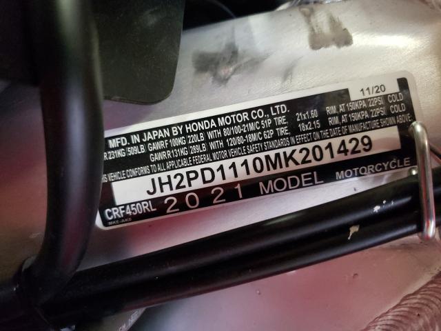 2021 HONDA CRF450 L JH2PD1110MK201429
