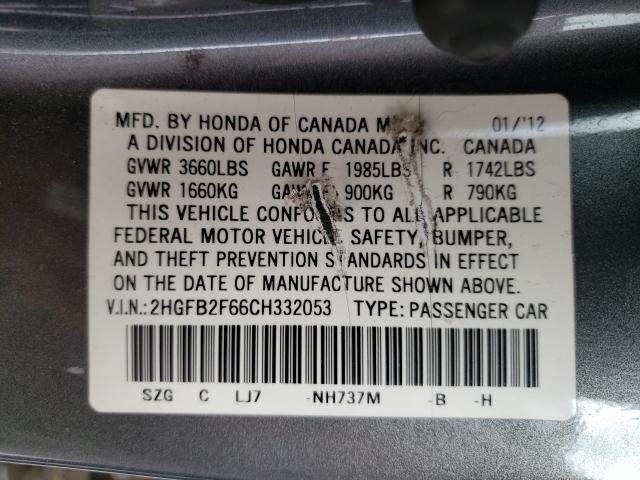 2012 HONDA CIVIC HF 2HGFB2F66CH332053