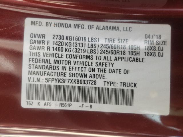 2019 HONDA RIDGELINE 5FPYK3F7XKB003728
