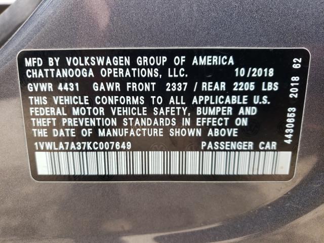 2019 VOLKSWAGEN PASSAT WOL 1VWLA7A37KC007649