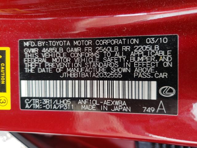 2010 LEXUS HS 250H JTHBB1BA1A2032555