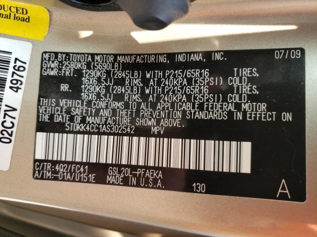 2010 TOYOTA SIENNA CE 5TDKK4CC1AS302542