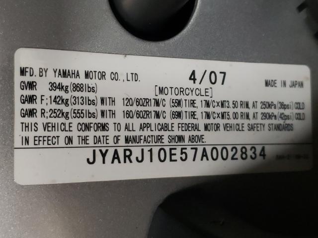 2007 YAMAHA YZF600 R JYARJ10E57A002834