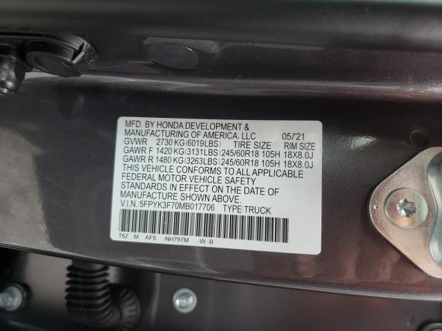 2021 HONDA RIDGELINE 5FPYK3F70MB017706