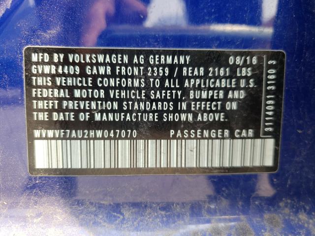 2017 VOLKSWAGEN GOLF R WVWVF7AU2HW047070