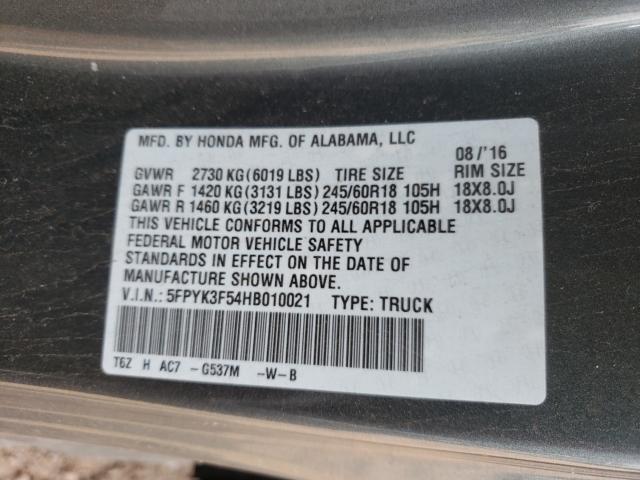 2017 HONDA RIDGELINE 5FPYK3F54HB010021