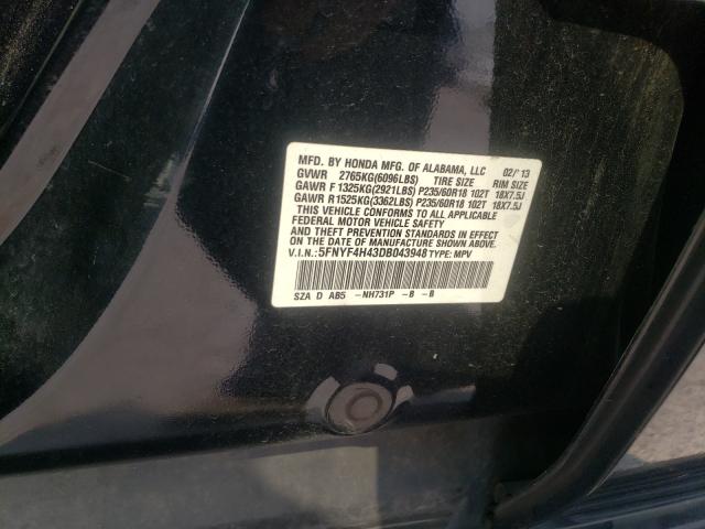 2013 HONDA PILOT EX 5FNYF4H43DB043948
