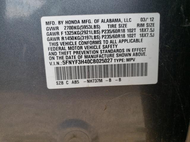 2012 HONDA PILOT EX 5FNYF3H40CB025027