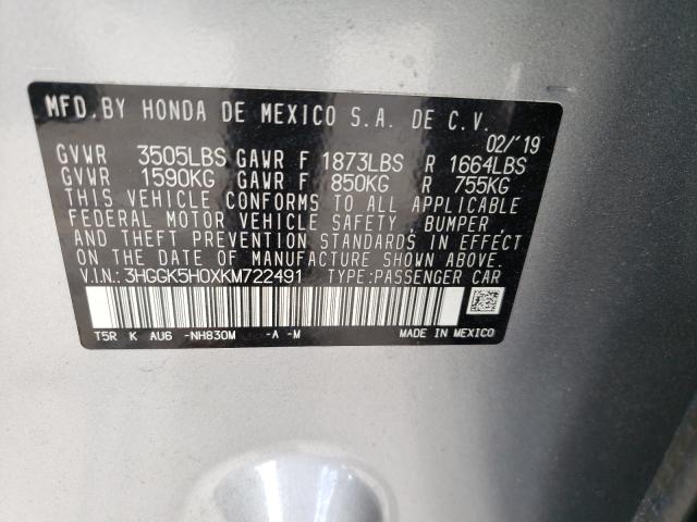 2019 HONDA FIT EXL 3HGGK5H0XKM722491