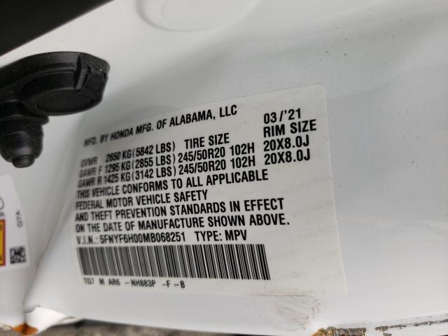 2021 HONDA PILOT ELIT 5FNYF6H00MB068251