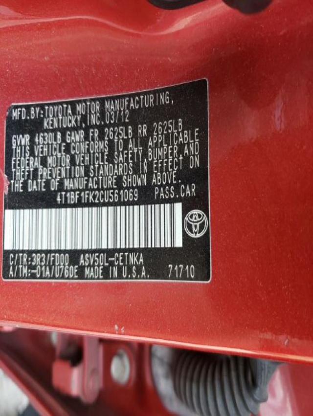 2012 TOYOTA CAMRY L/LE 4T1BF1FK2CU561069