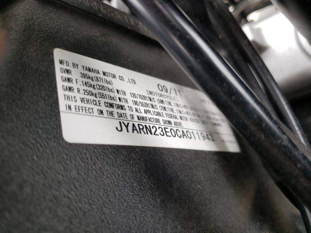 2012 YAMAHA YZFR1 JYARN23E0CA011943
