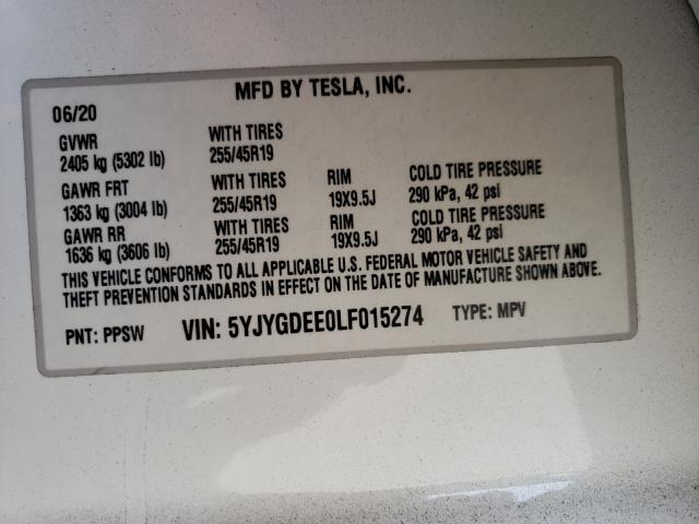 2020 TESLA MODEL Y 5YJYGDEE0LF015274