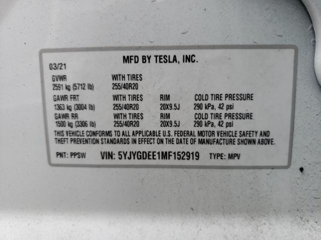 2021 TESLA MODEL Y 5YJYGDEE1MF152919