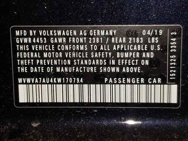 2019 VOLKSWAGEN GOLF R WVWVA7AU4KW170794