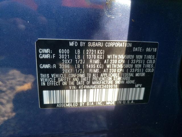 2019 SUBARU ASCENT LIM 4S4WMAMDXK3409010