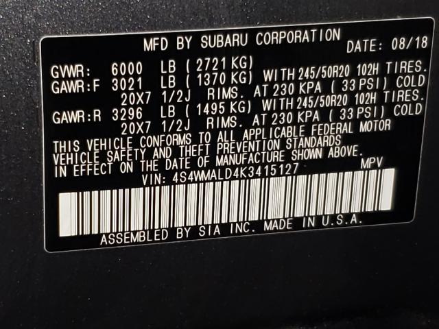 2019 SUBARU ASCENT LIM 4S4WMALD4K3415127