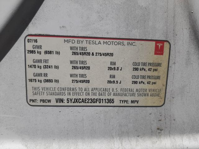 2016 TESLA MODEL X 5YJXCAE23GF011365