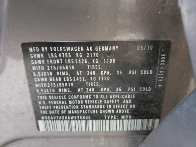 2010 VOLKSWAGEN TIGUAN WVGAV7AX6AW535600