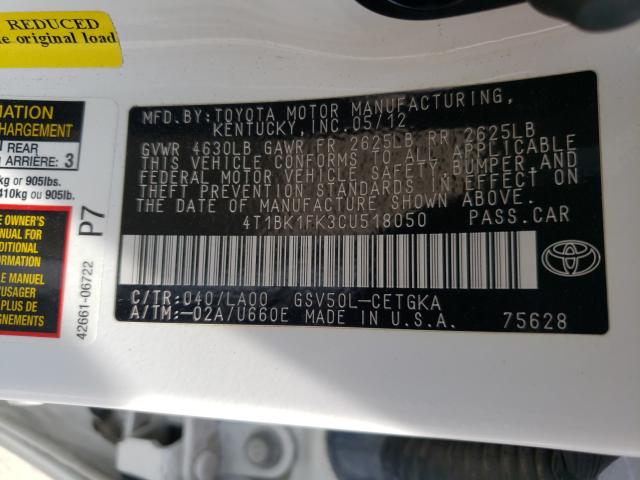 2012 TOYOTA CAMRY XLE 4T1BK1FK3CU518050