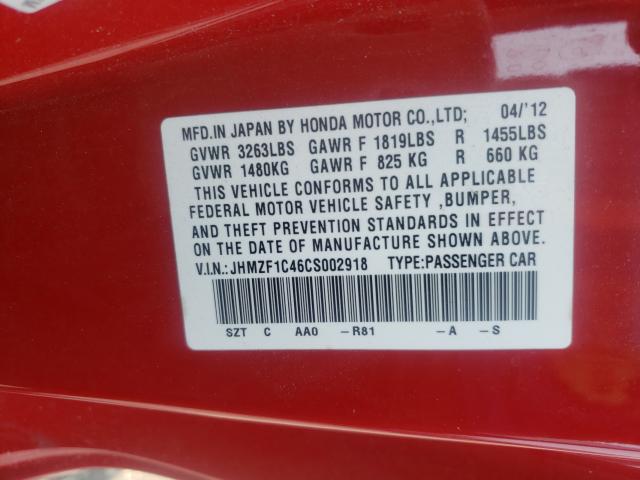 2012 HONDA CR-Z JHMZF1C46CS002918
