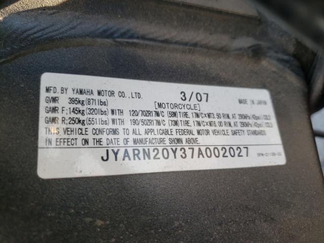 2007 YAMAHA YZF-R1 JYARN20Y37A002027