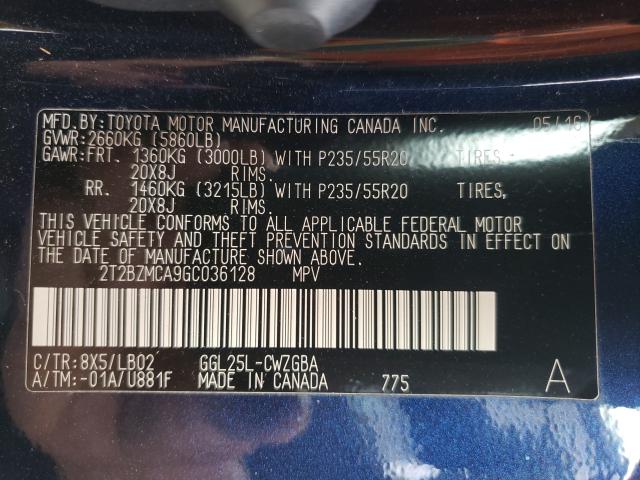 2016 LEXUS RX 2T2BZMCA9GC036128