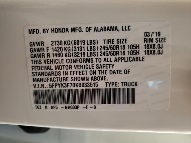2019 HONDA RIDGELINE 5FPYK3F70KB033515